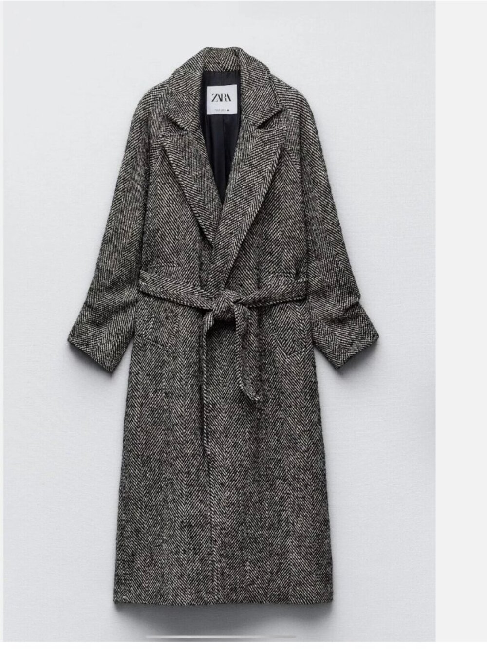 NWT Zara Long Coat Houndstooth XS Black White Gray Tie Front